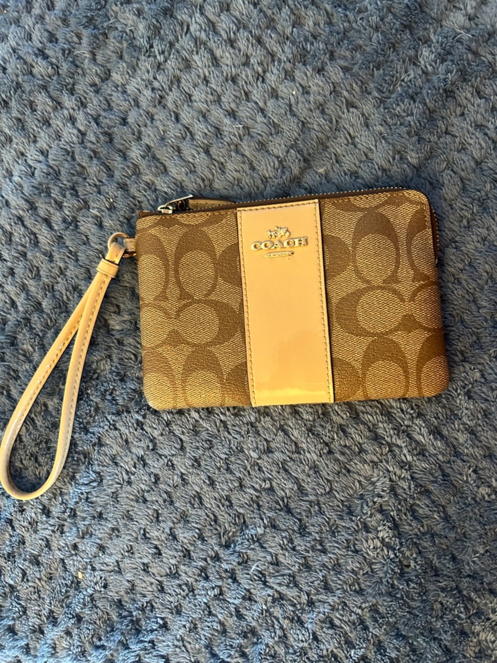 Coach Brown Signature Canvas Wristlet with Tan Patent Center Stripe